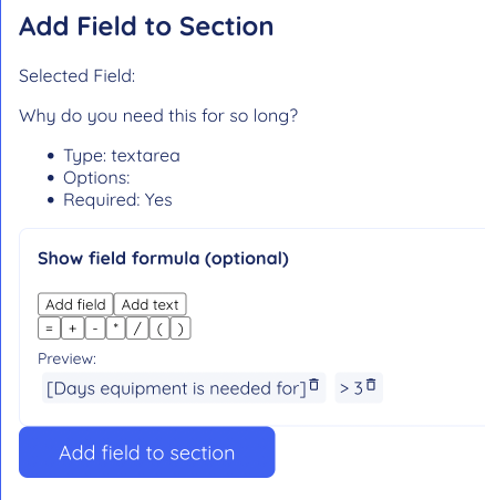 A screenshot showing a form allowing you to build excel style formulas